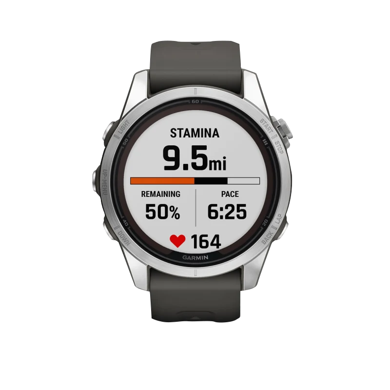 Garmin Fenix 7S Pro Solar Edition smartwatch with silver case and graphite band