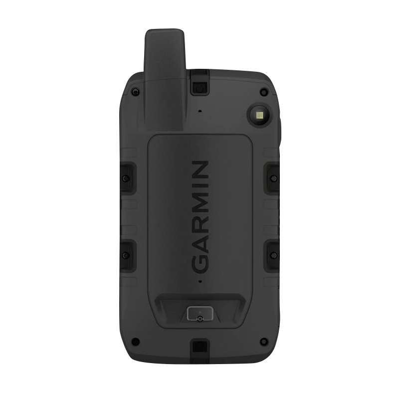 Garmin Montana 710 rugged handheld GPS device, black back view with Garmin logo