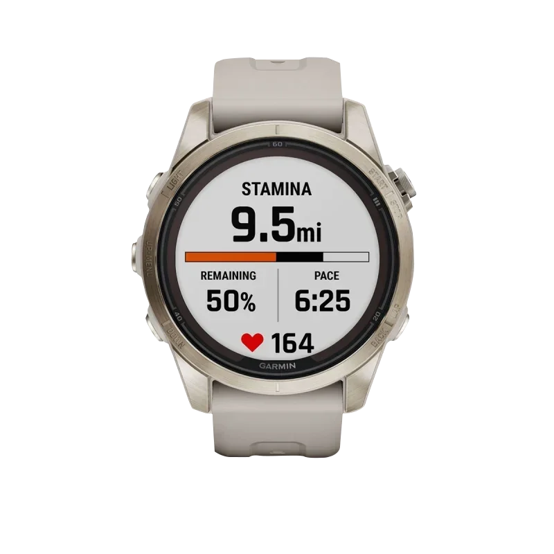 Garmin Fenix 7S Pro Sapphire Solar smartwatch, soft gold case, light sand band, refurbished