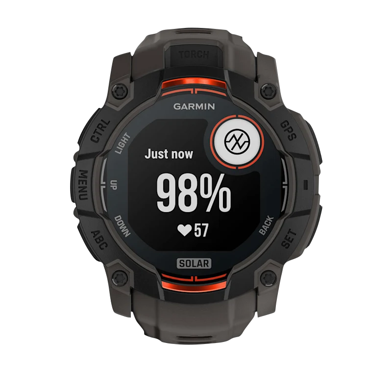 Garmin Instinct 3 Solar smartwatch, 50mm black case with charcoal band and orange accents, rugged GPS wearable