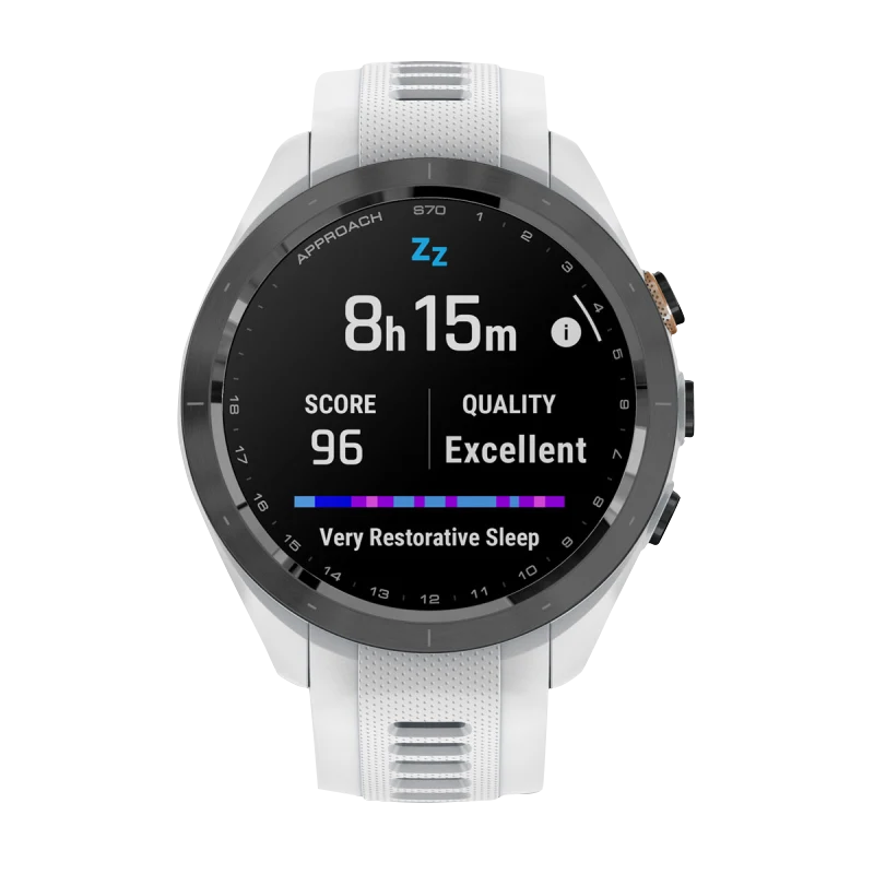 Garmin Approach S70 smartwatch, 42 mm with white silicone band and black/peach ceramic bezel