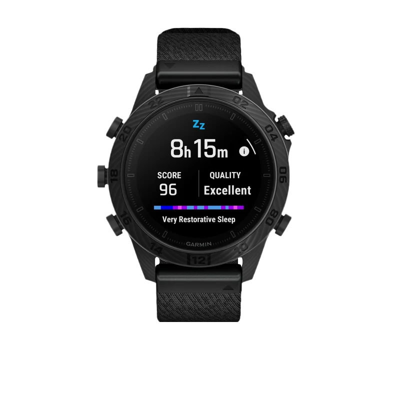 Garmin MARQ Commander Gen 2 Carbon Edition smart watch with black bezel and fabric strap.