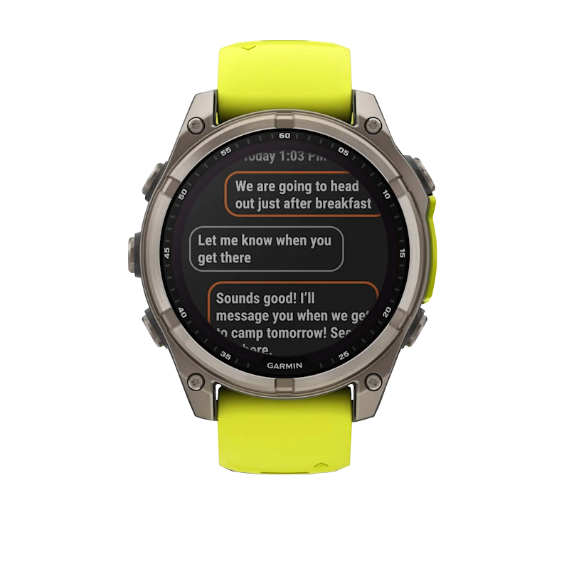 Garmin Fenix 8 smartwatch, 47 mm AMOLED with Solar Sapphire Titanium case and Amp Yellow/Graphite silicone band.