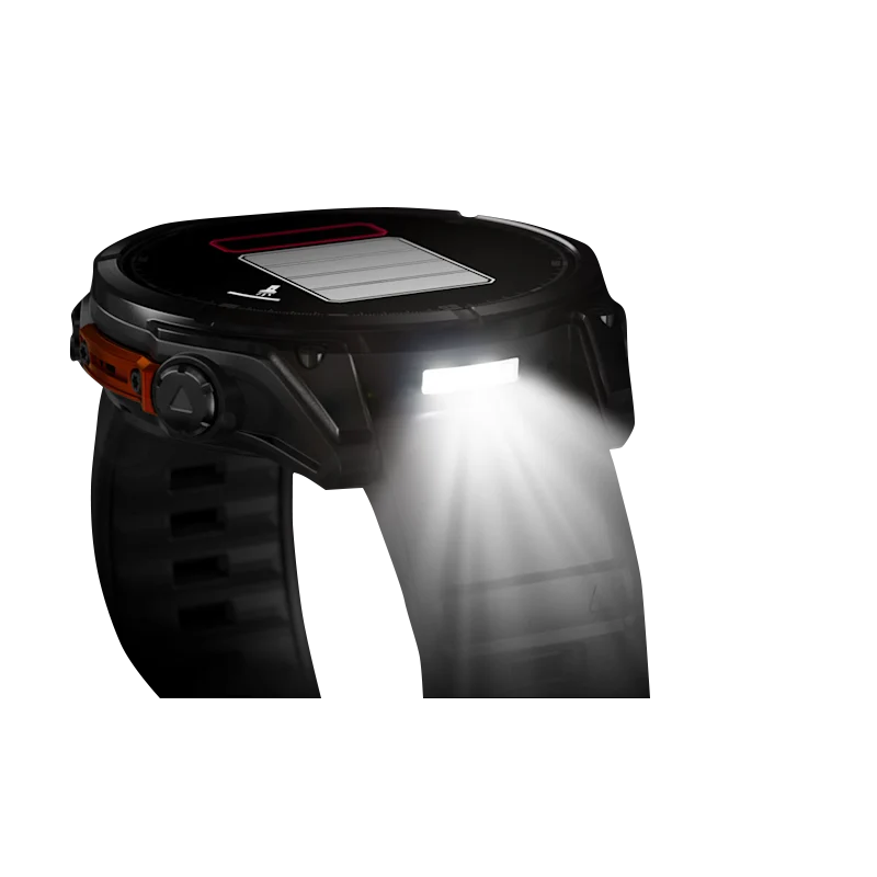 Black rugged headlamp with orange strap and bright LED beam