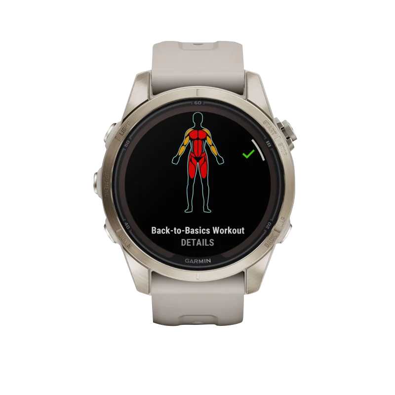 Garmin Fenix 7S Pro Sapphire Solar smartwatch with soft gold case and light sand band