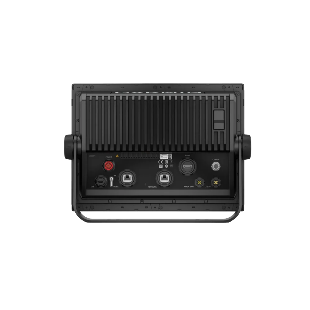 Garmin GPSMAP 1243xsv marine chartplotter with GMR 18 HD3 radome - back view of port panel and cables