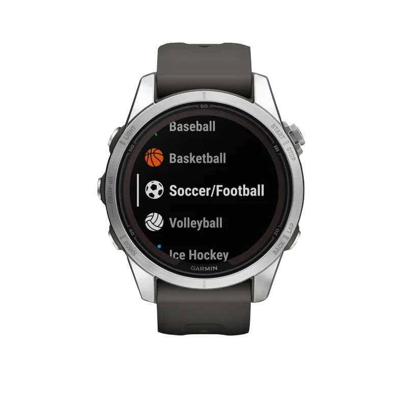 Garmin Fenix 7S Pro Solar Smartwatch with silver bezel and graphite band, displaying Soccer/Football menu.