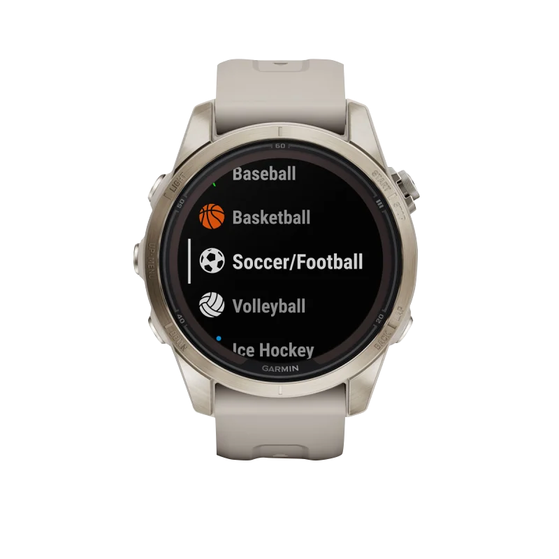 Garmin Fenix 7S Pro Sapphire Solar smartwatch with soft gold case and light sand band