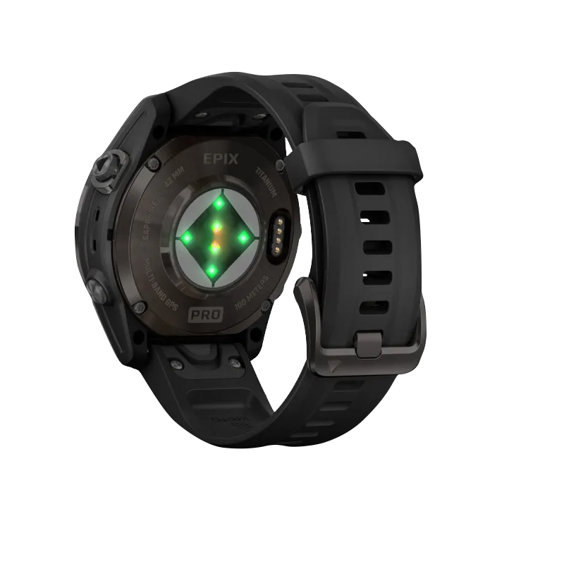 Garmin Epix Pro Gen 2 42mm Sapphire Edition smartwatch with carbon gray DLC titanium case and black band