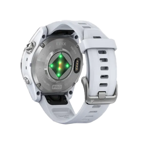 Garmin Epix Pro Gen 2 42mm smartwatch with silver case and Whitestone band, back view