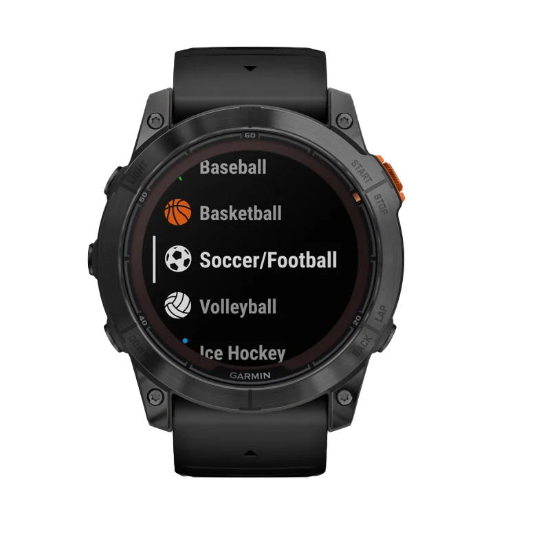 Garmin Fenix 7X Pro Solar Edition smartwatch with black band displaying soccer/football sport menu