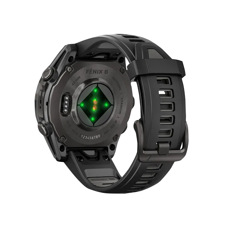 Garmin Fenix 8 smartwatch, AMOLED 43mm with sapphire DLC titanium case and black/pebble gray silicone band