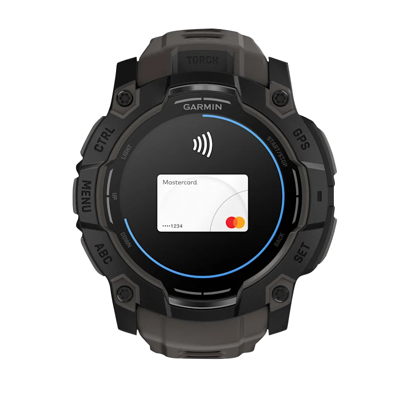 Garmin Instinct 3 AMOLED smartwatch, black 50mm case with charcoal band, Mastercard on display.