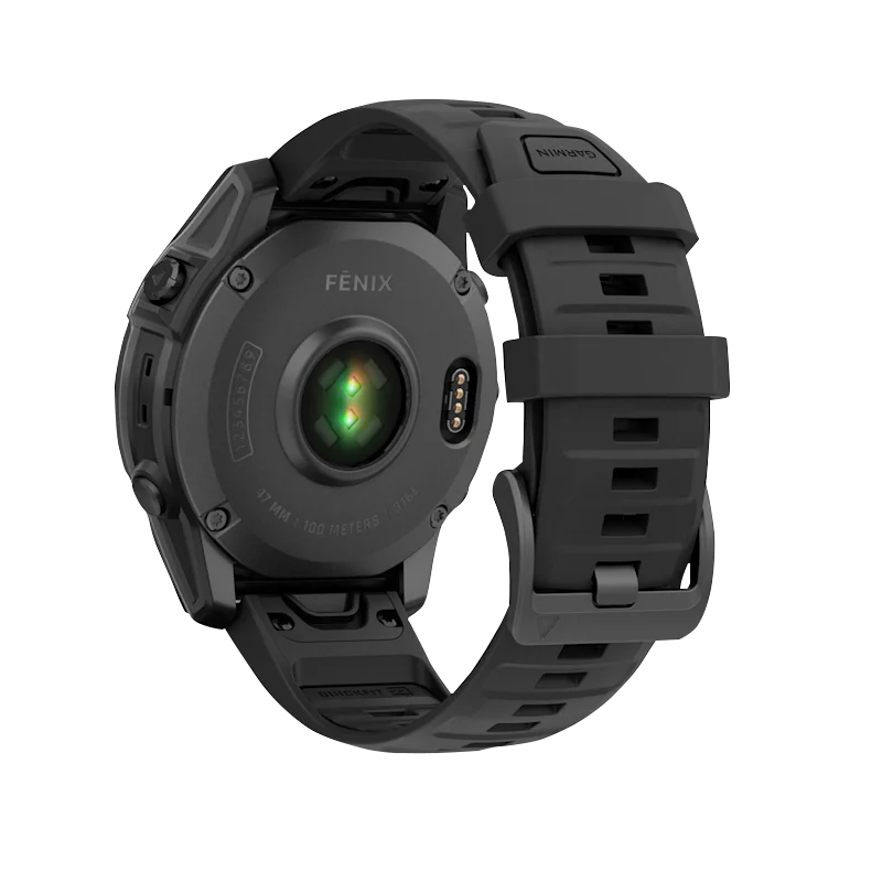 Garmin Fenix E 47 mm AMOLED smartwatch with slate-gray steel case and black silicone band
