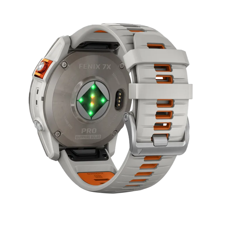 Garmin Fenix 7X Pro Sapphire Solar titanium smartwatch with Fog Gray/Ember Orange band