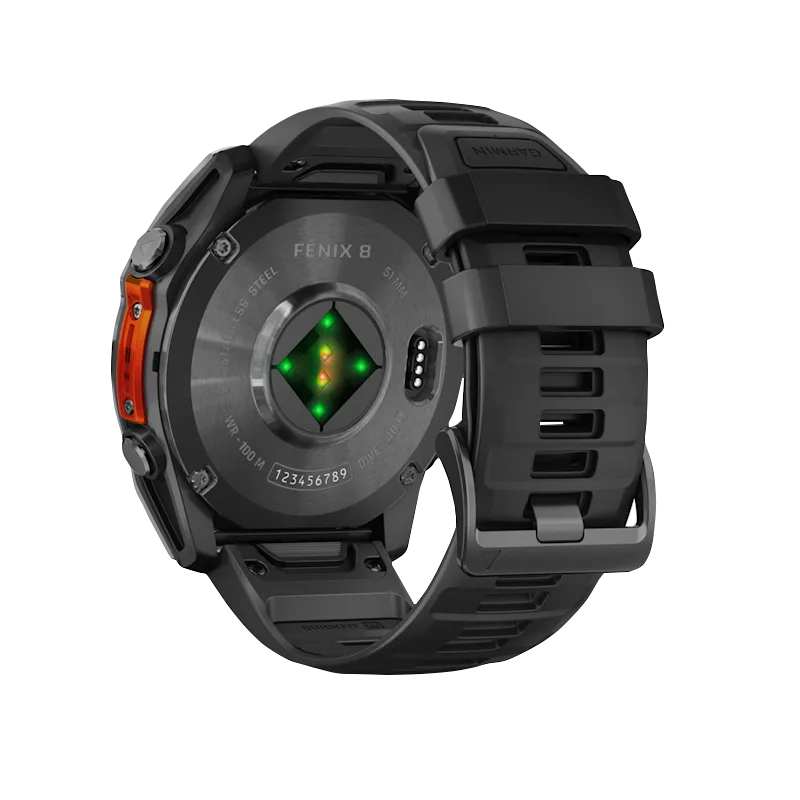 Garmin Fenix 8 smartwatch back view, slate gray case with black silicone band, 51 mm size.