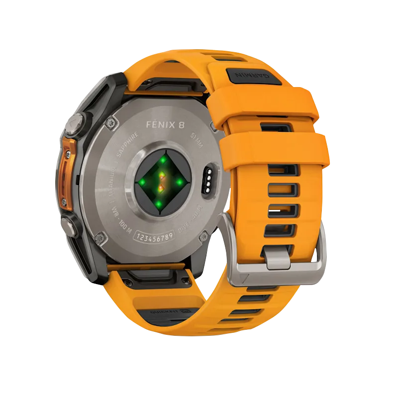 Garmin Fenix 8 smartwatch with titanium case and spark-orange/graphite silicone band, 51 mm AMOLED Sapphire display