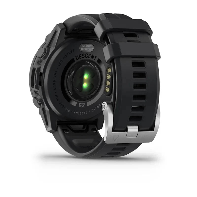 Garmin Descent G2 Dive Smartwatch with black band, back view showing sensor array