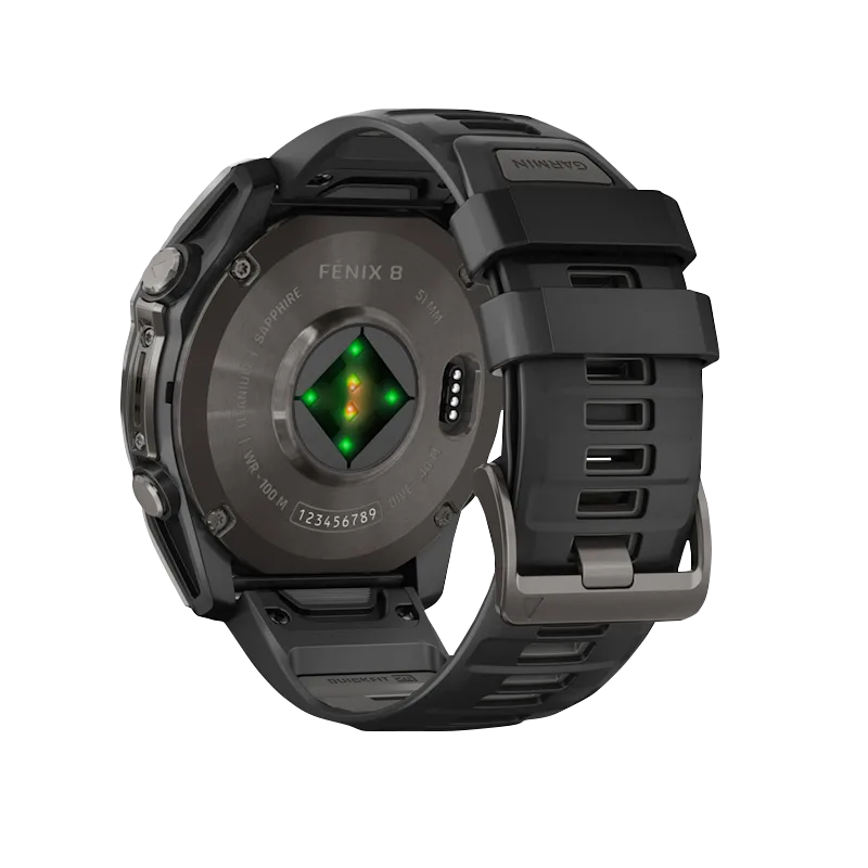 Garmin Fenix 8, 51 mm AMOLED Sapphire, Carbon Gray DLC Titanium with Black/Pebble Gray Silicone Band (010-02905-20) by Garmin