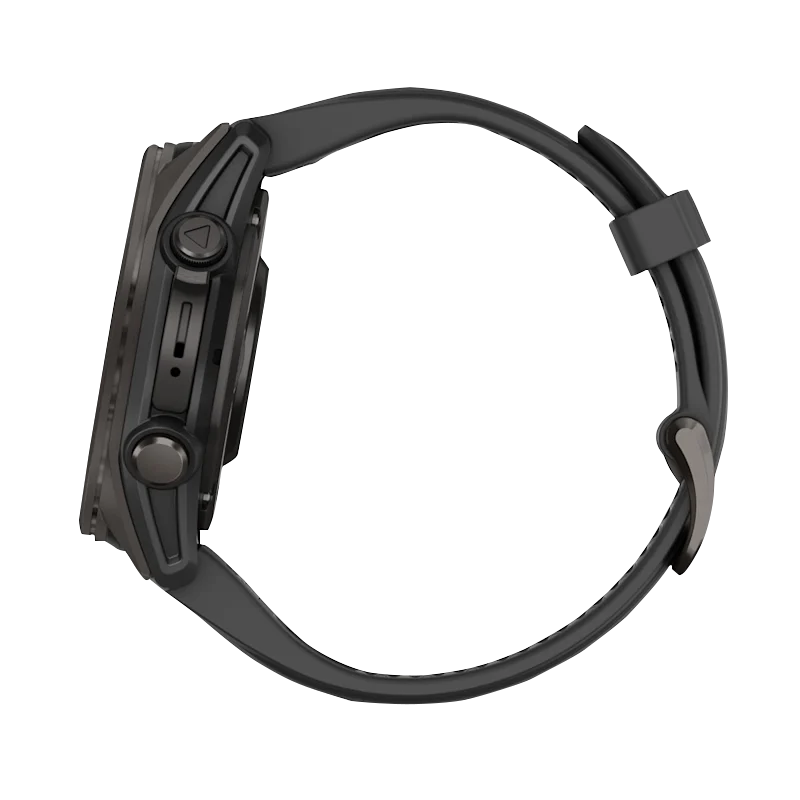 Garmin Fenix 8 smartwatch with AMOLED 43mm sapphire DLC titanium case and black/pebble gray silicone band