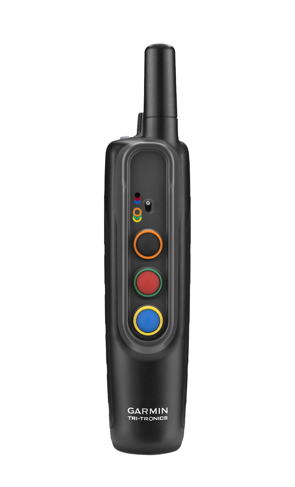 Garmin PRO 70 remote transmitter for hunting dogs, black handheld with orange, red, blue, yellow and green buttons
