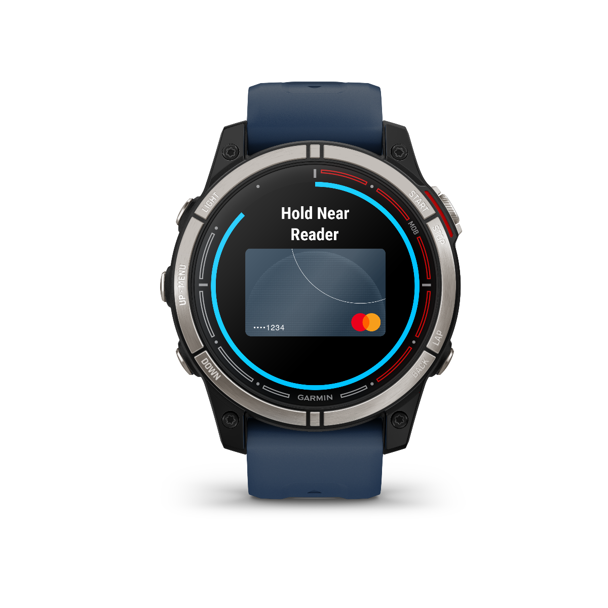 Garmin Quatix 7 Standard Edition marine GPS smartwatch with blue strap; display shows Hold Near Reader