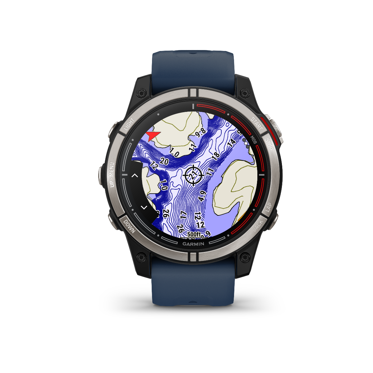 Garmin Quatix 7 Standard Edition marine GPS smartwatch with blue strap and nautical chart on display.