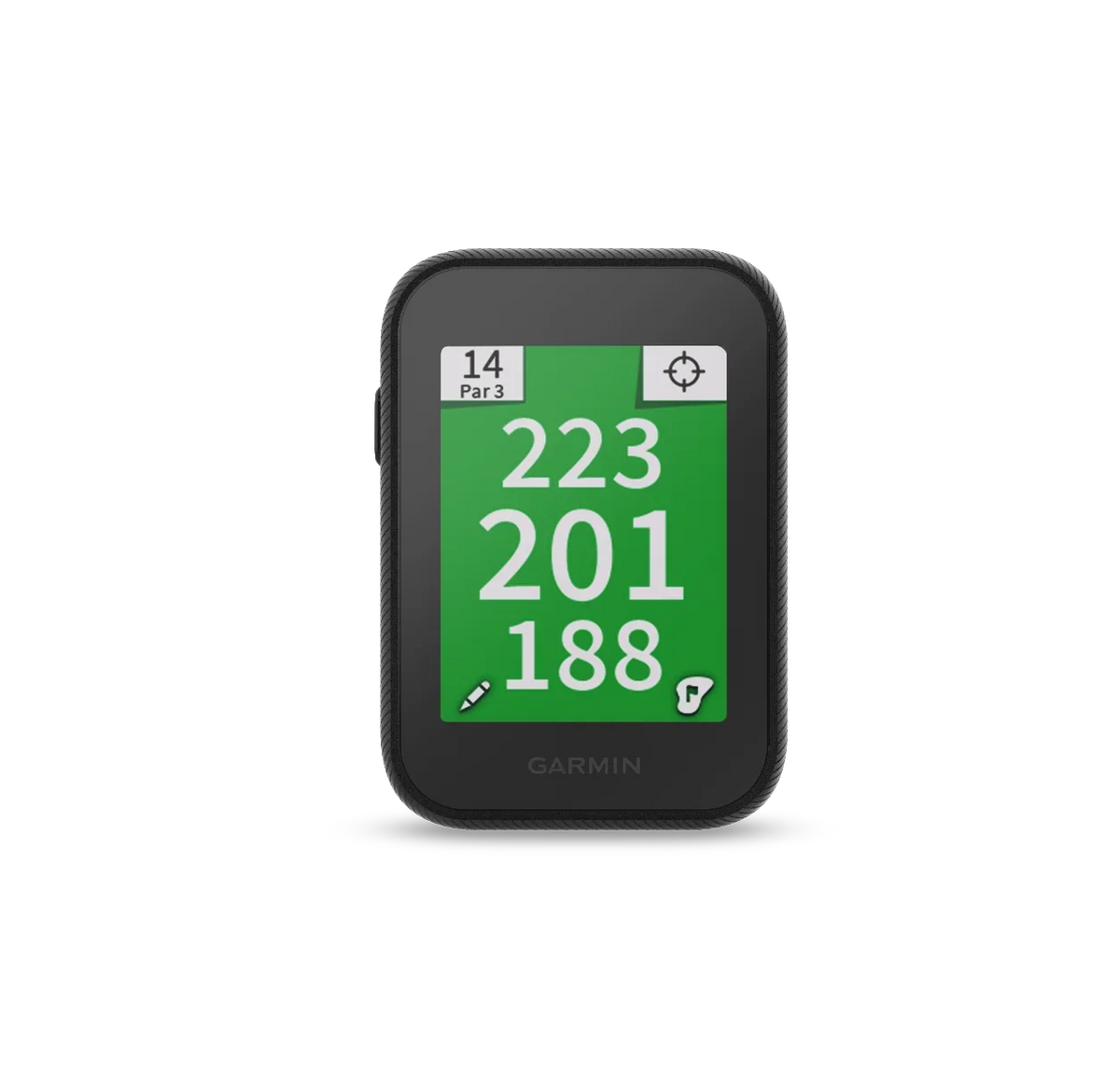 Garmin Approach G30 golf GPS device with black frame and green yardage display.