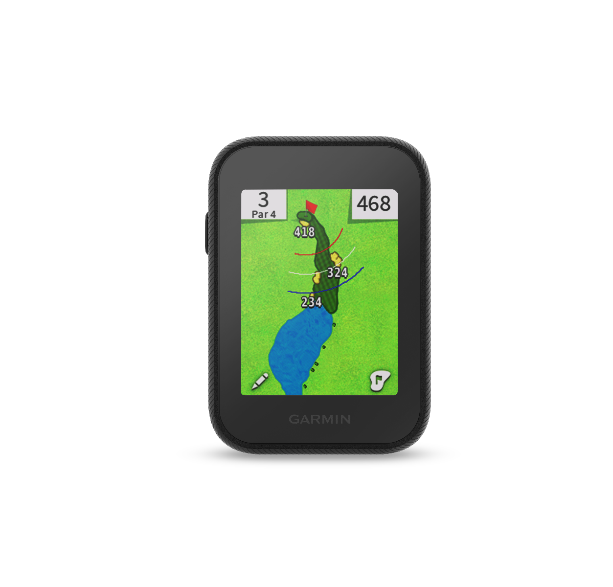 Garmin Approach G30 golf GPS device in black with color map display showing hole layout