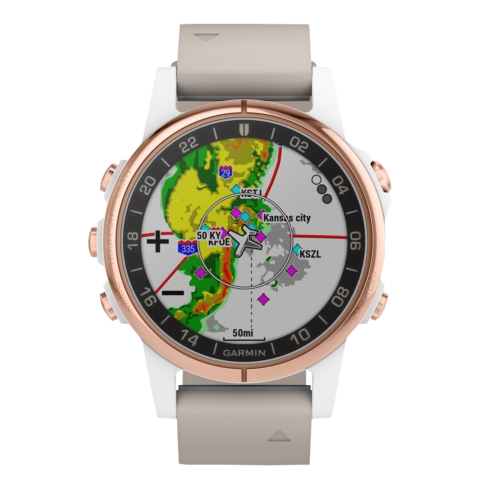 Garmin D2 Delta S Aviator GPS smartwatch with beige leather band and rose-gold case, aviation map display.