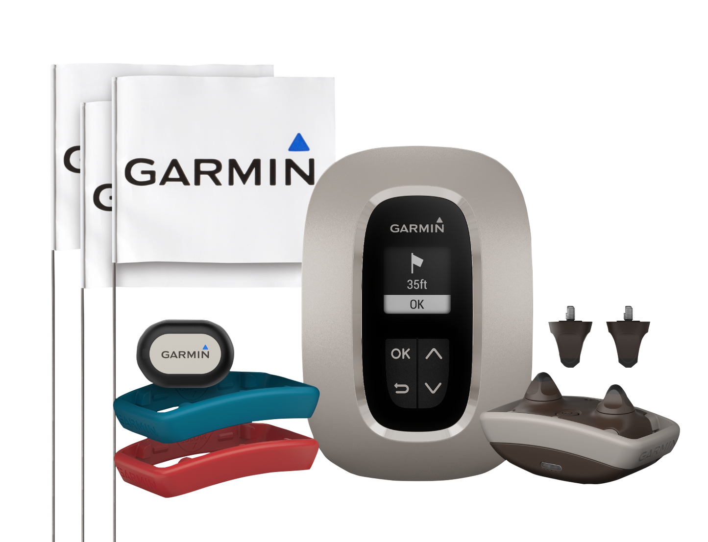 Garmin Keep Away Tag kit with gray display tag, colorful silicone bands, and white Garmin packaging