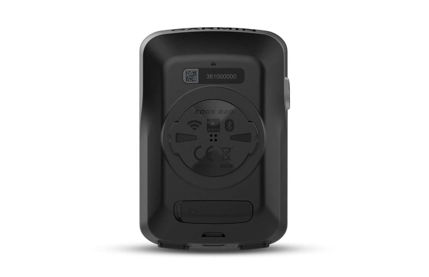 Garmin Edge 820 bicycle computer, black, back view with mount