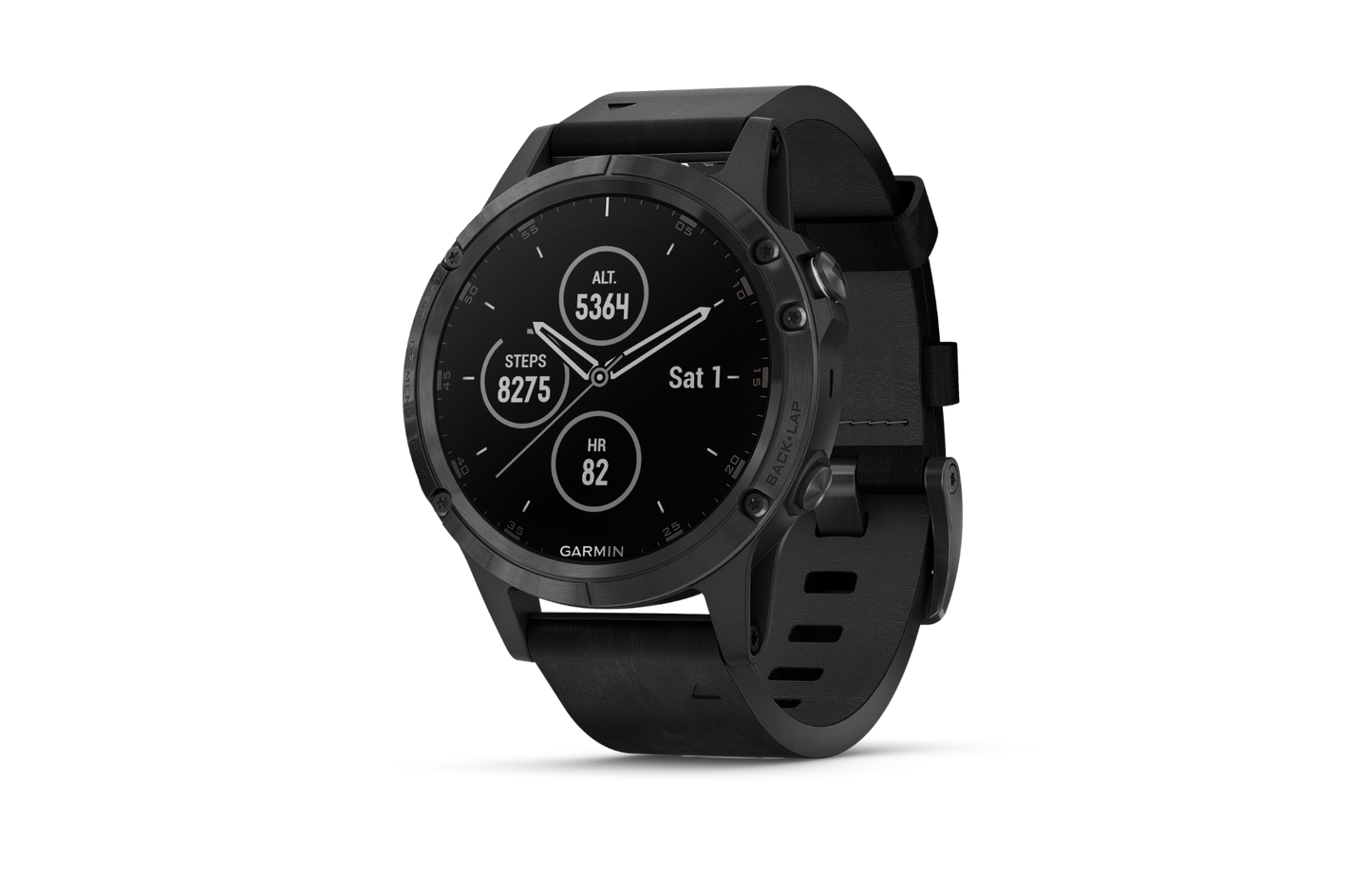 Garmin Fenix 5 Plus Sapphire smart watch with black leather band