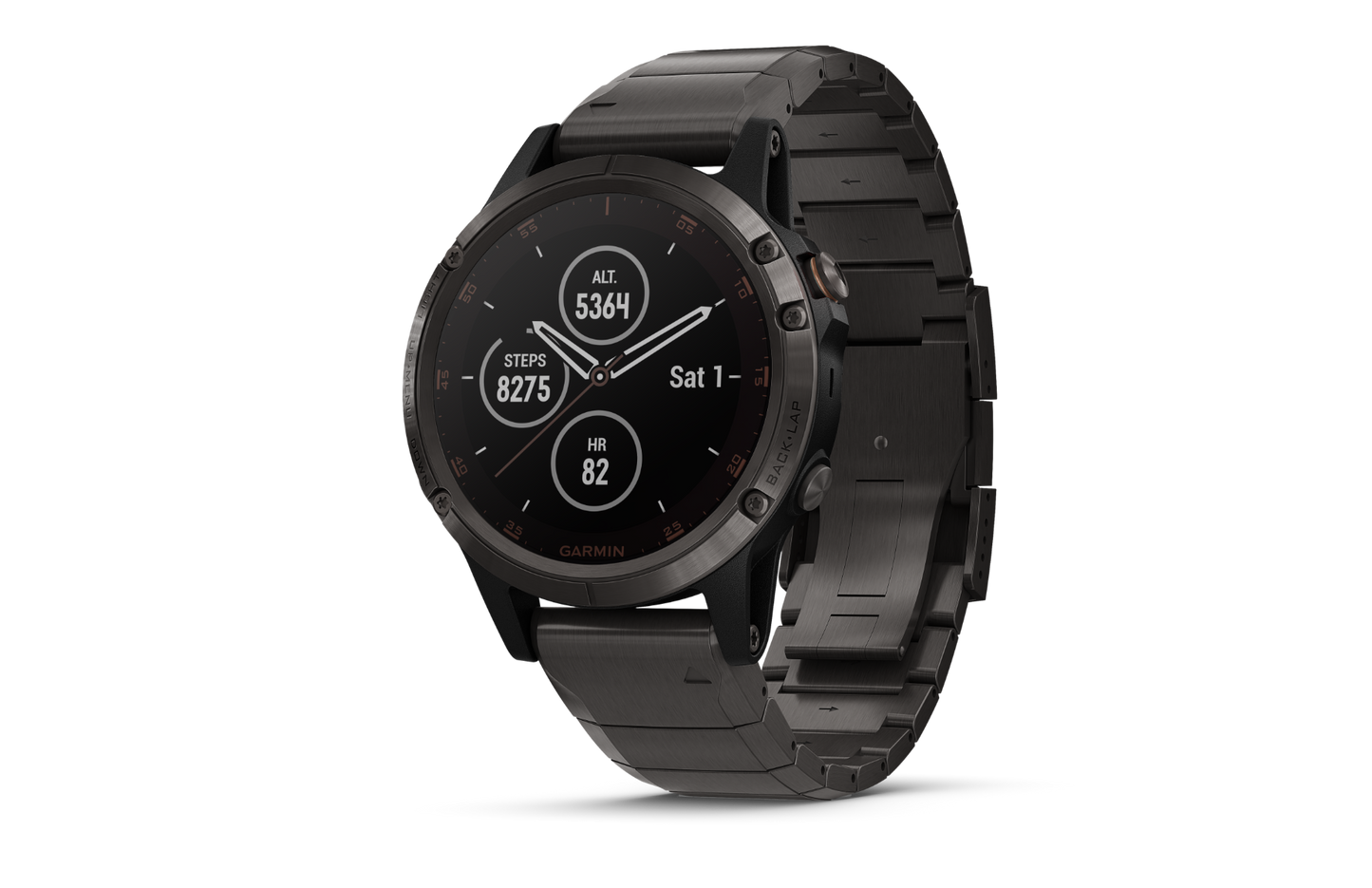 Garmin Fenix 5 Plus smartwatch, silver case with black metal band, metal bracelet, shown in a dark background.