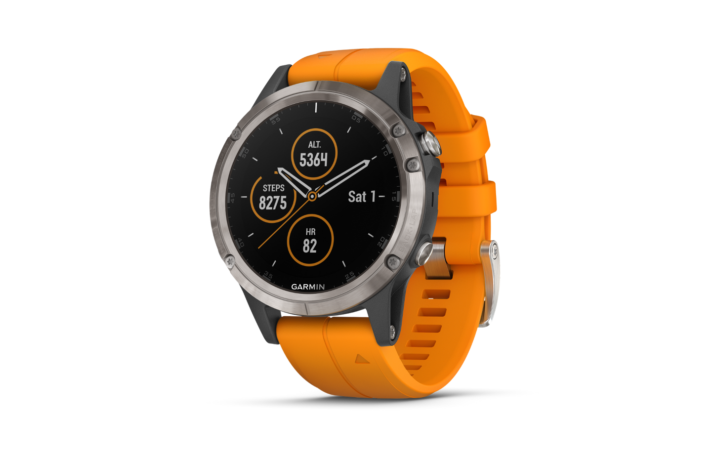 Garmin Fenix 5 Plus Sapphire Titanium smartwatch with orange Solar Flare band