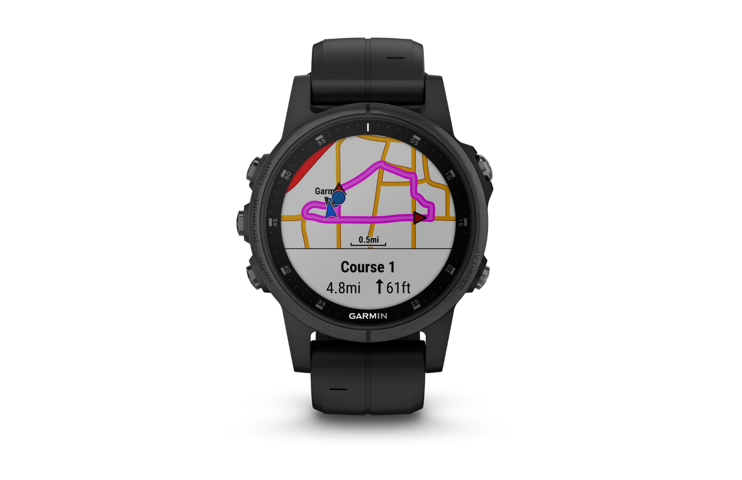 Garmin Fenix 5S Plus Sapphire smartwatch with black band displaying a map route
