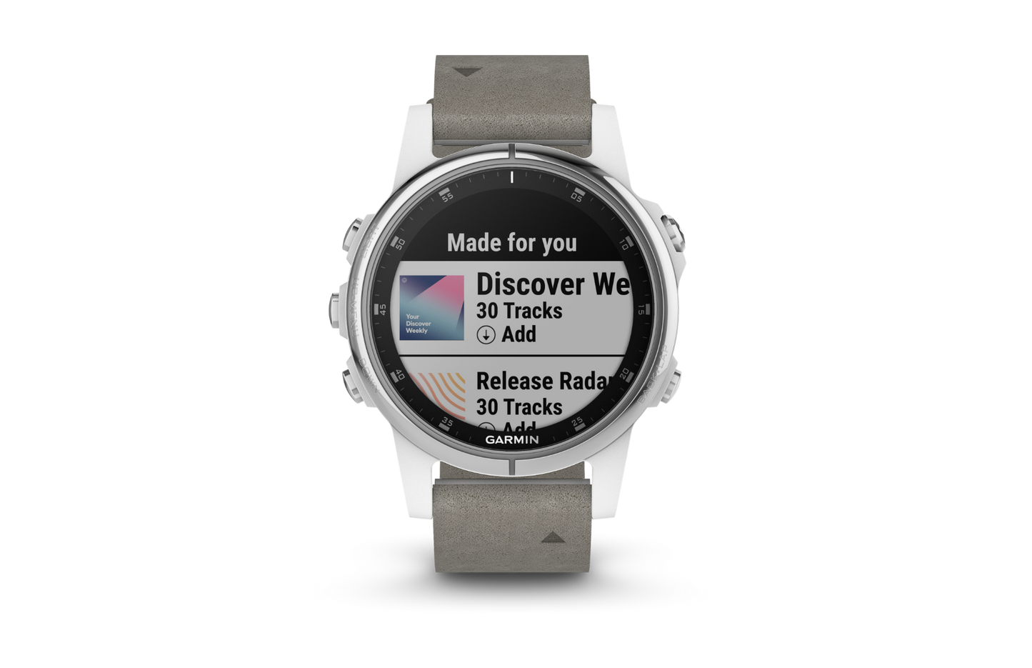 Garmin Fenix 5S Plus Sapphire smartwatch with white bezel and gray suede strap, compact round design