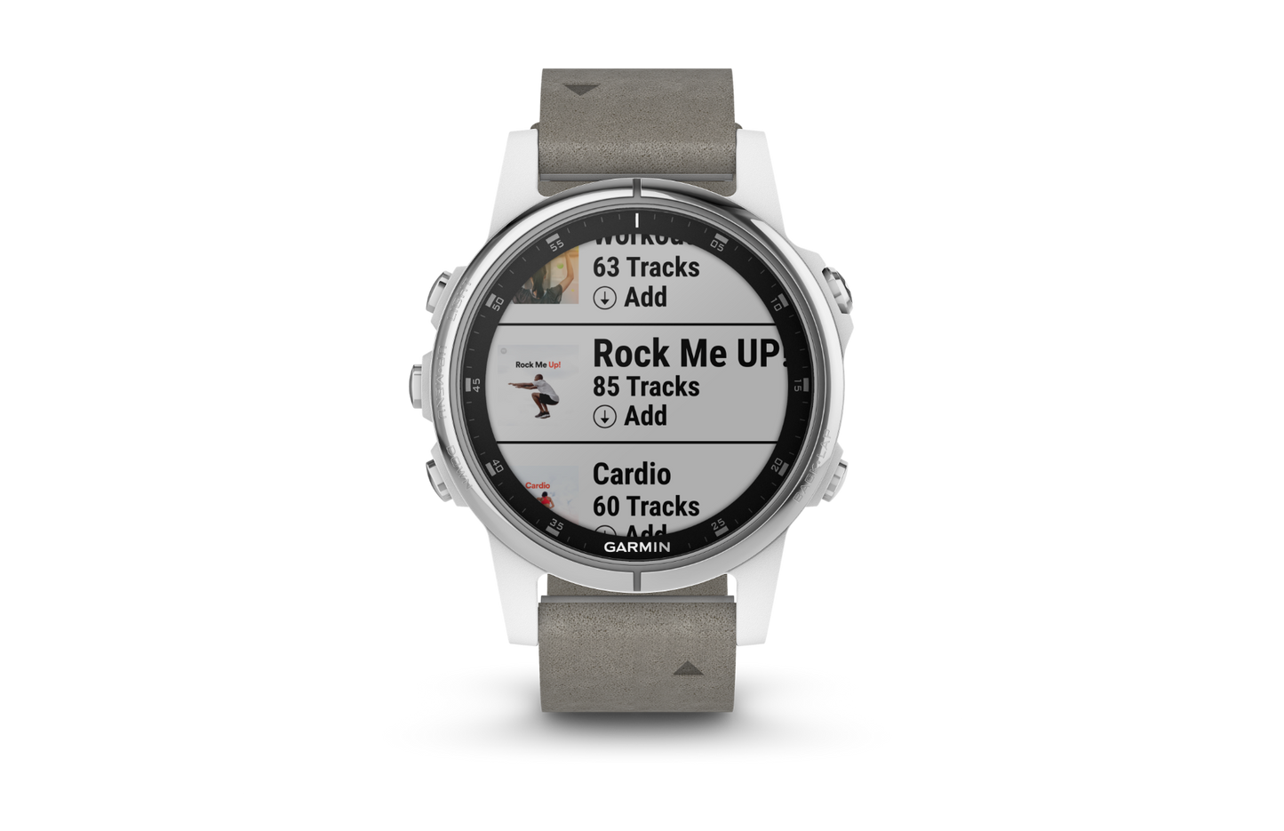 Garmin Fenix 5S Plus Sapphire smartwatch with white case and gray suede strap
