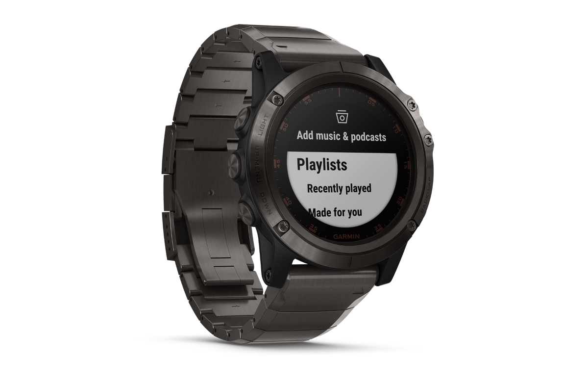 Garmin Fenix 5X Plus Sapphire smartwatch with carbon gray titanium case and metal bracelet