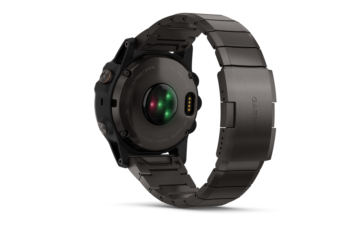 Garmin Fenix 5X Plus Sapphire smartwatch with carbon-gray titanium case and metal band (rear view)