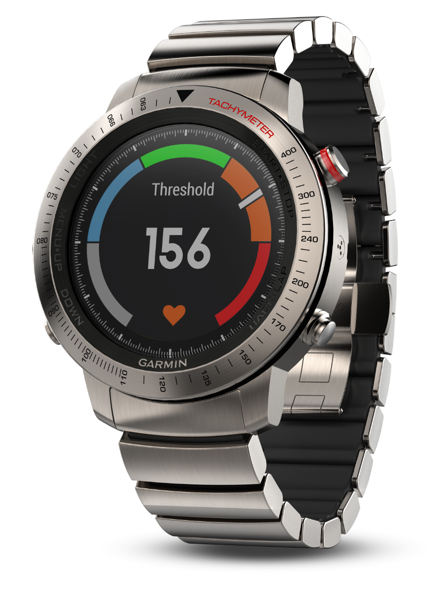 Garmin Fenix Chronos smartwatch with titanium hybrid band; silver stainless-steel case and tachymeter bezel