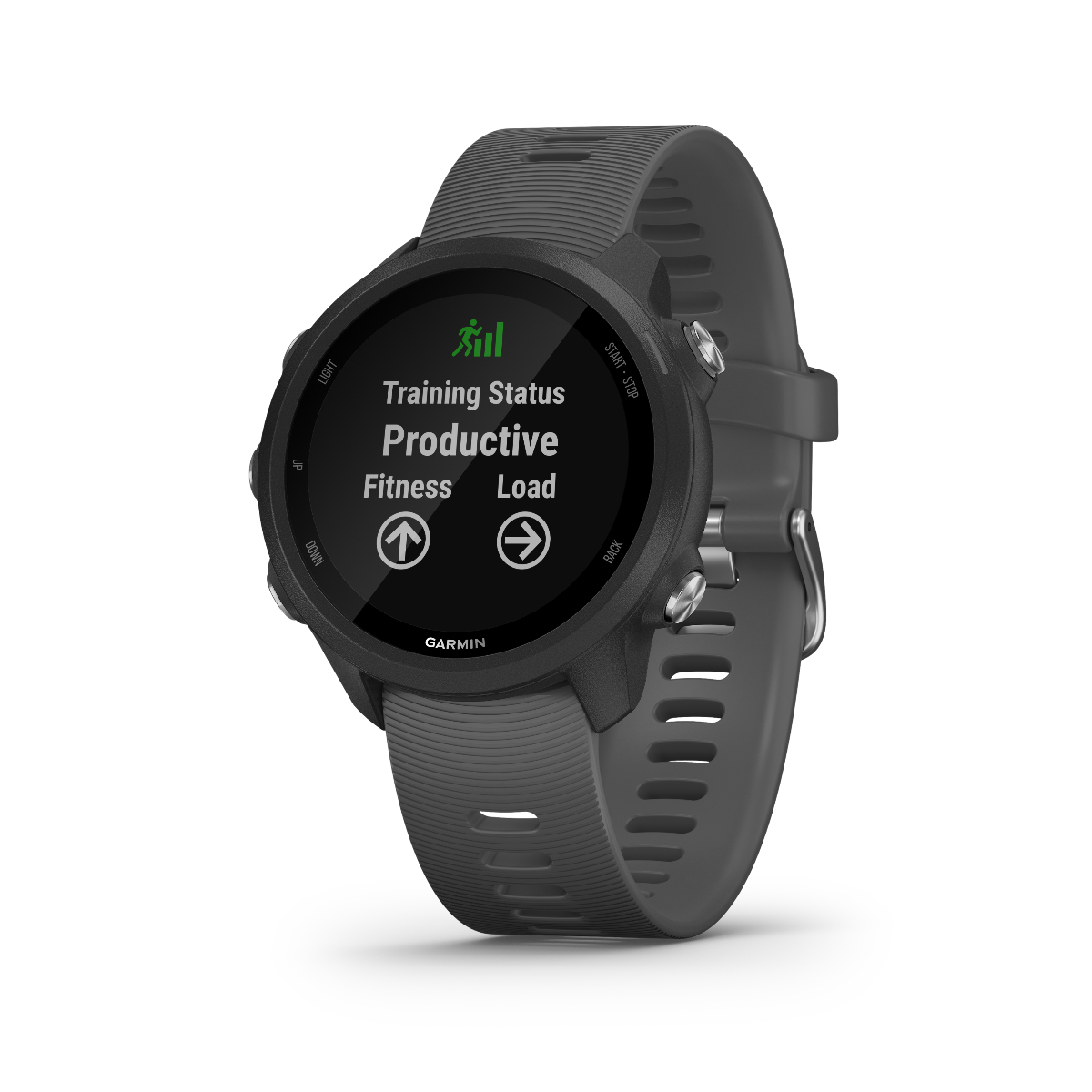 Garmin Forerunner 245 smartwatch, slate case with gray silicone strap, GPS fitness watch for runners, Garmin brand