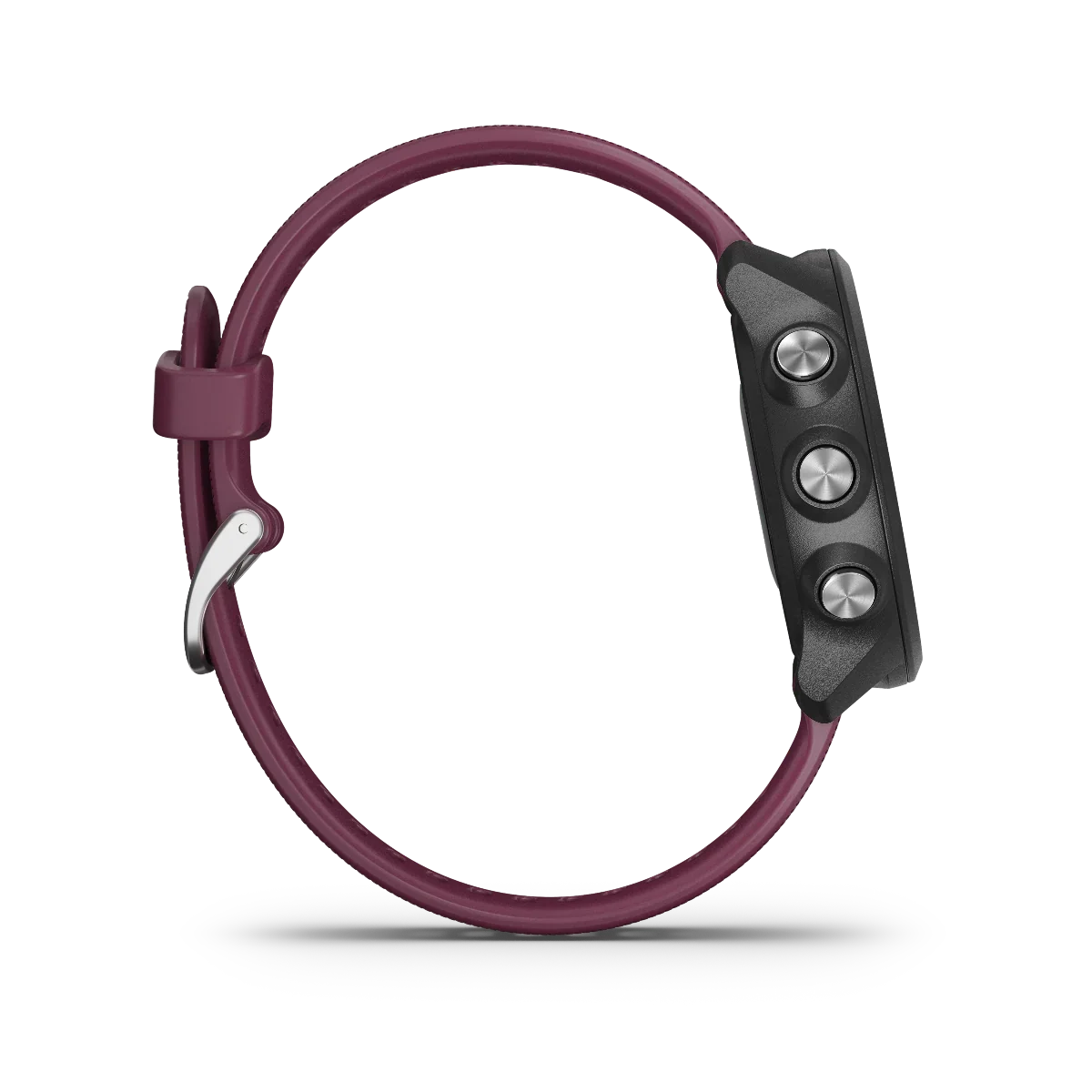 Garmin Forerunner 245 smart watch with berry strap, black case, and three side buttons