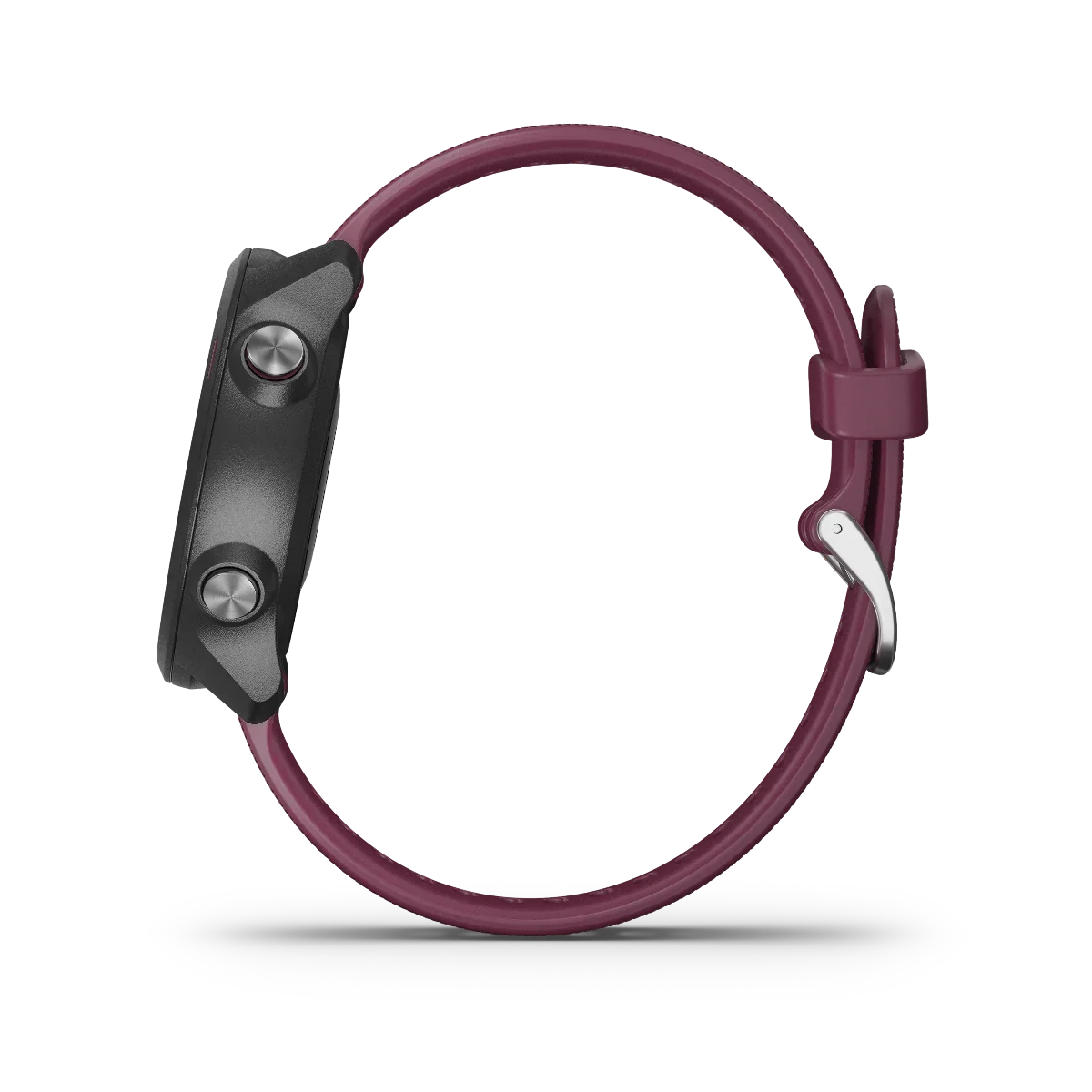 Garmin Forerunner 245 smartwatch with berry band and dual side buttons.