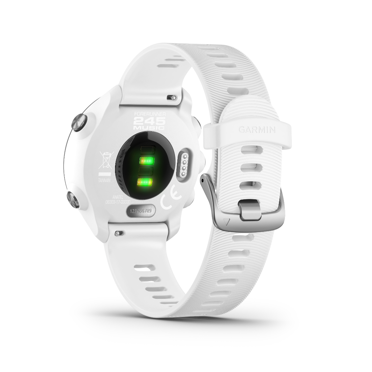 Garmin Forerunner 245 Music white smartwatch with silicone band, back view showing heart-rate sensors