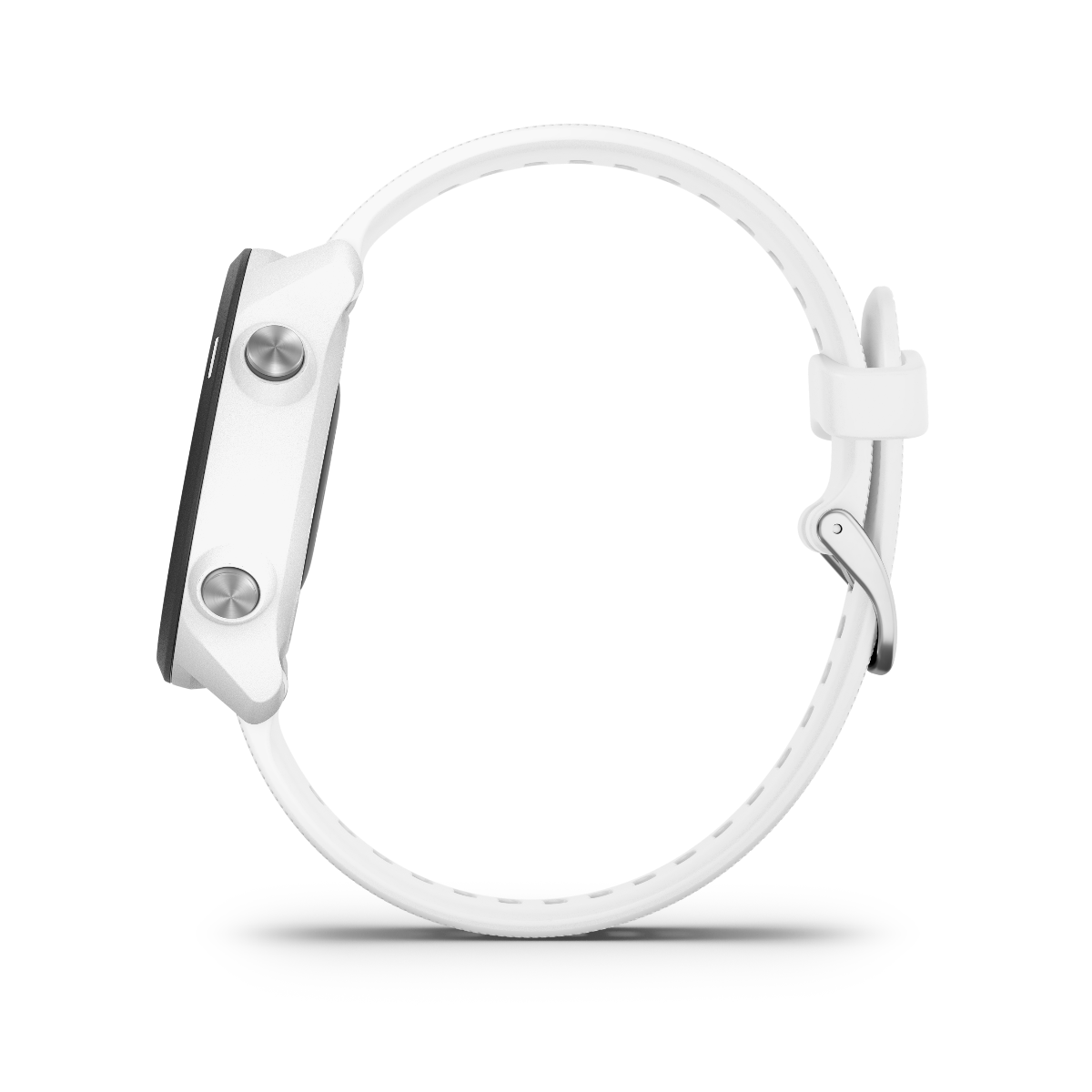 Garmin Forerunner 245 Music white GPS smartwatch with white silicone band, side view