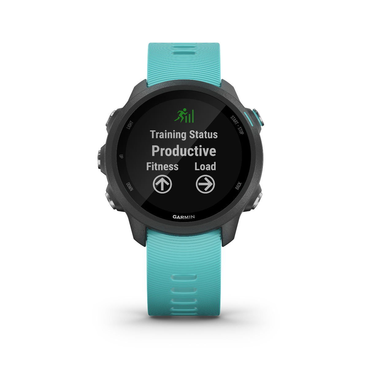 Garmin Forerunner 245 Music smartwatch with aqua strap showing training status screen