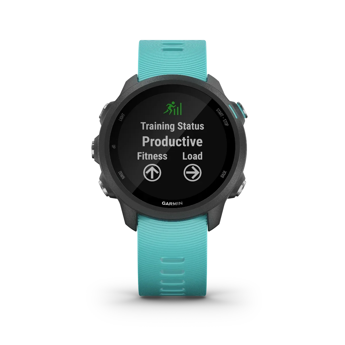 Garmin Forerunner 245 Music smartwatch with aqua strap showing training status screen