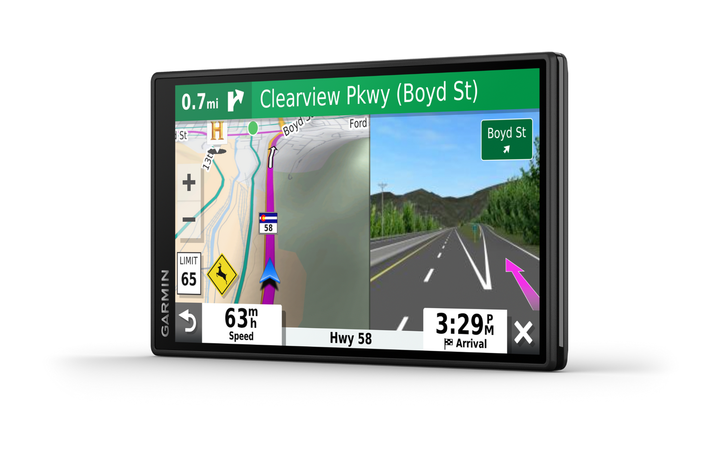 Garmin DriveSmart 55 GPS navigator with 5-inch screen, black chassis, split-map display and traffic banner