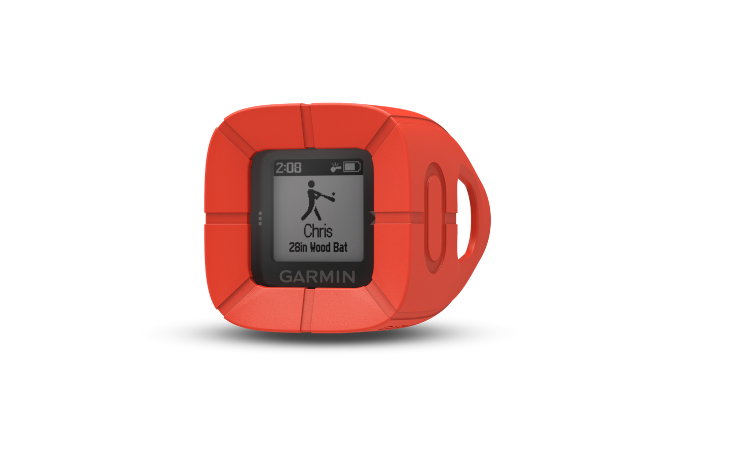 Garmin Impact Bat Swing Sensor red baseball training device; screen shows Chris and a 28in wood bat